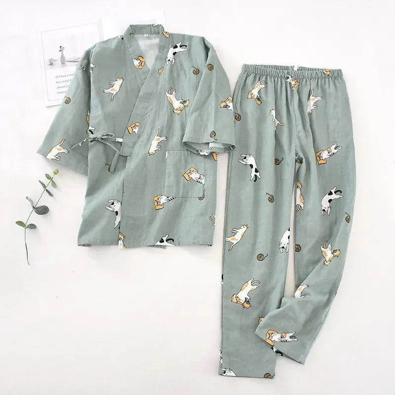 2025 Japanese Style Women's Kimono Pajama Set | 100% Cotton Gauze Seven Sleeve Two-Piece | Cute Spring & Autumn Homewear