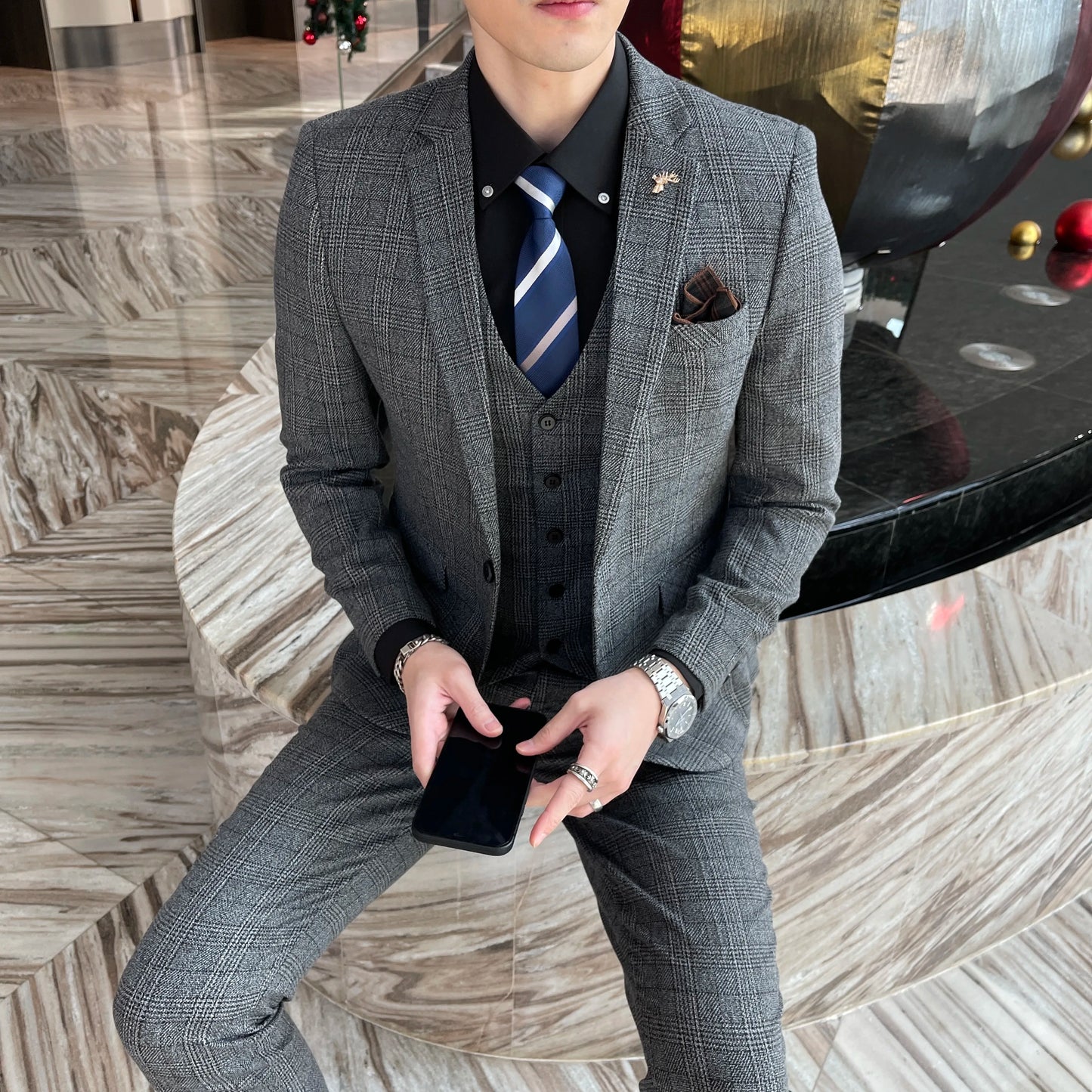 Men's British Korean Style 3-Piece Plaid Suit – Stylish Business Casual Outfit