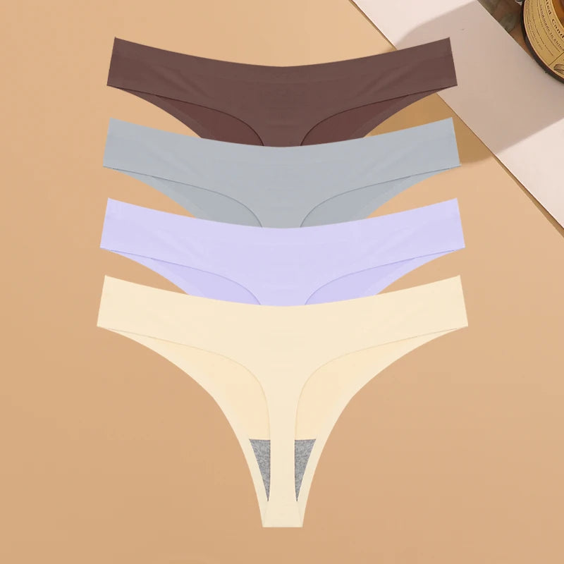 4PCS Ultra-Thin Seamless Women’s Underwear – Invisible Ice Silk Thongs, Low Waist Breathable Stretchy Bikini Lingerie