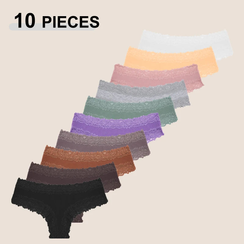 10PCS Set Women's Lace Cotton Low-Waist Brazilian Panties Soft Sexy Underwear Intimates