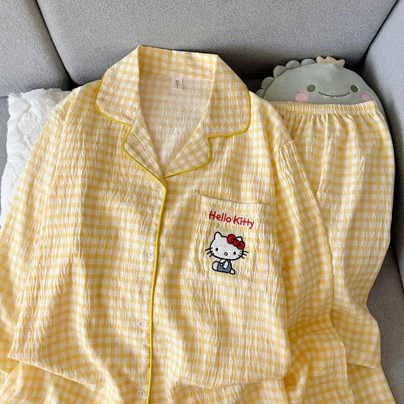 Autumn Women's Hello Kitty Pajama Set | Harajuku Style Plaid 2-Piece Cute Cartoon Sleepwear