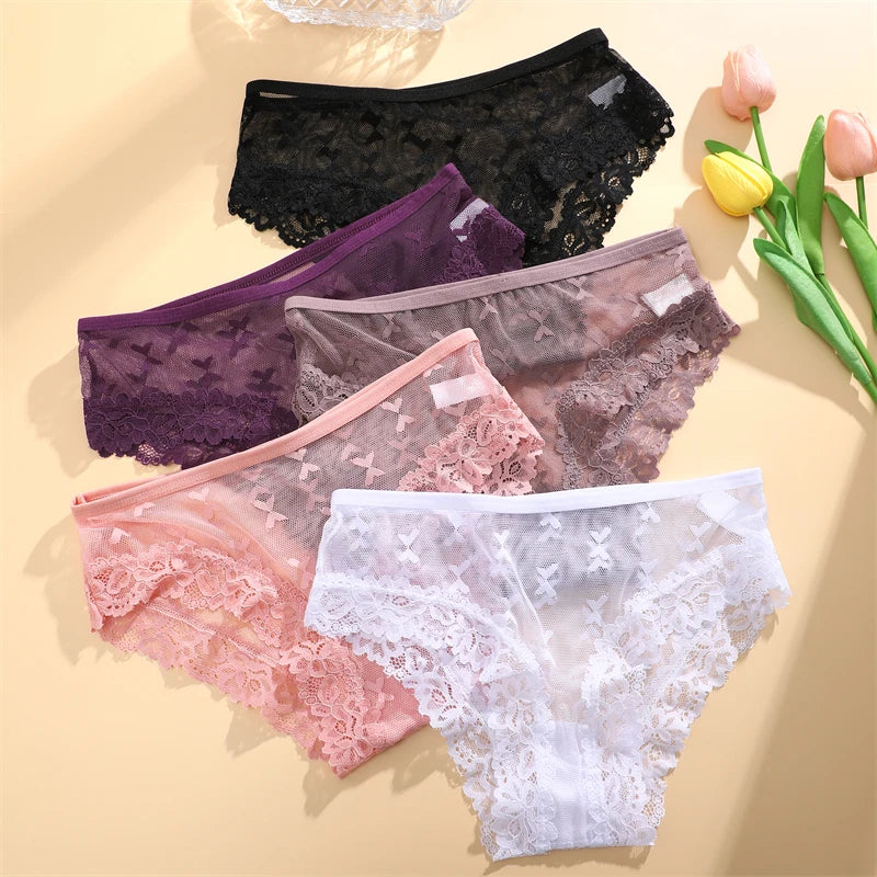 FINETOO 5PCS Women's Lace Hollow Out Panties Sexy Floral Solid Color Underwear Lingerie S-XL