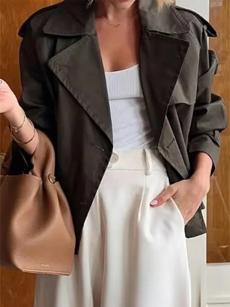 KONDALA Vintage Casual Chic Women’s Double-Breasted Turn-Down Collar Short Jacket 2025 Autumn