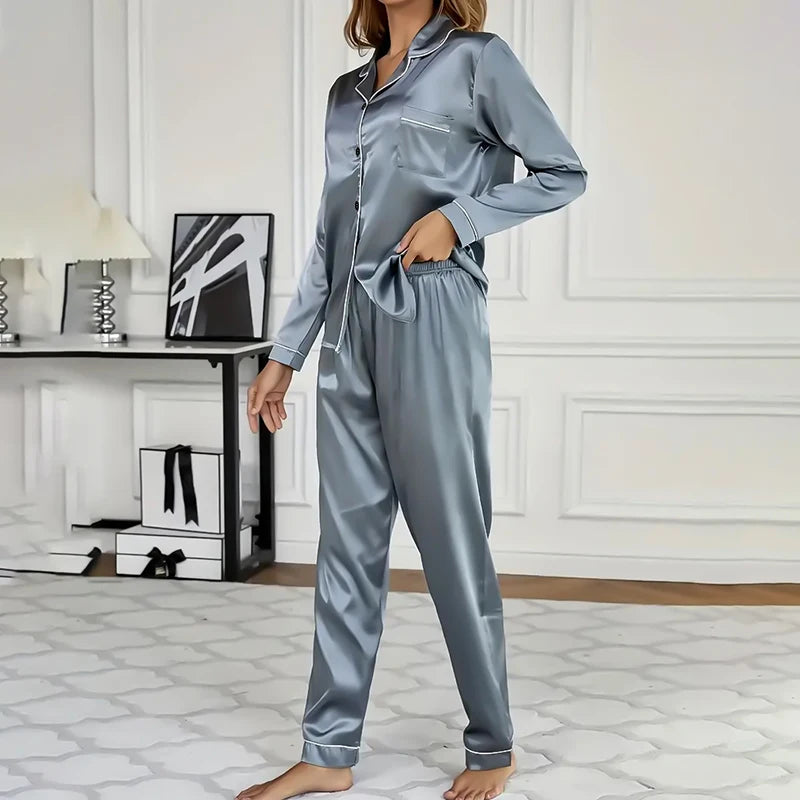 Women's Satin Pajama Set | Long Sleeve Button Lapel Top & Elastic Pants 2-Piece Sleepwear