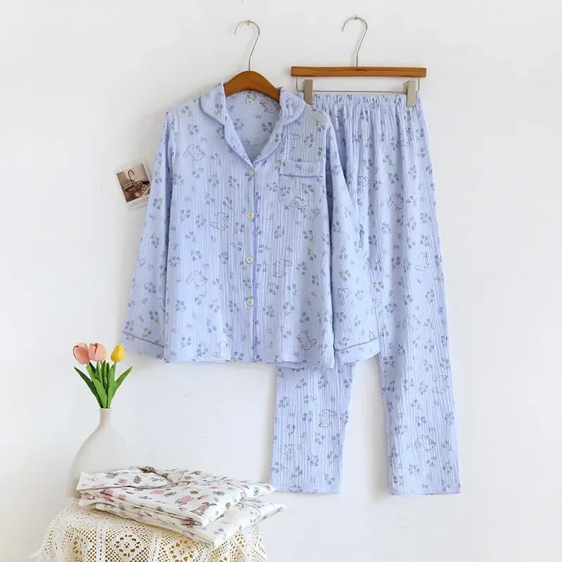 Large Size Women's Cotton Crepe Pajama Set | Long Sleeve Top & Trousers | Simple Comfortable Homewear for Summer & Autumn