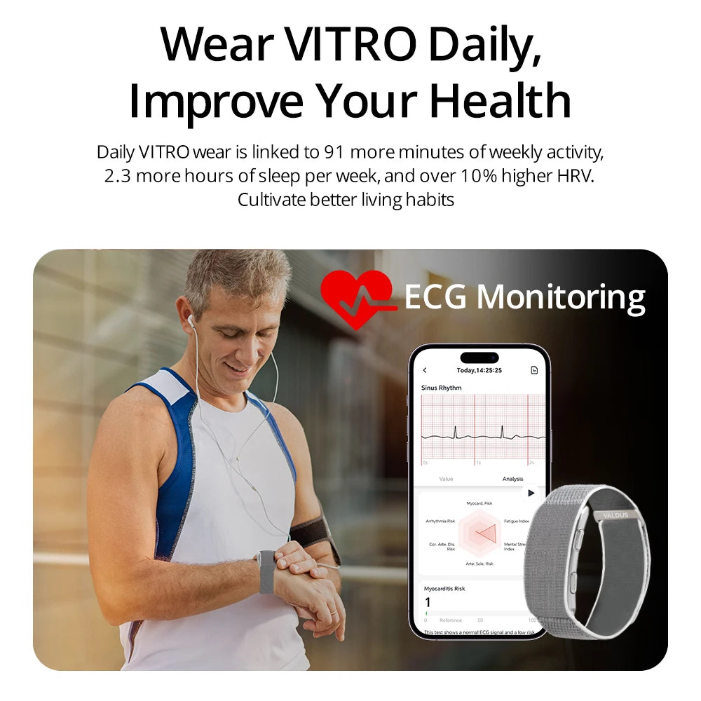 VALDUS 2025 VITRO NO-Screen Smart Bracelet – ECG, SOS, Heart Rate & Blood Pressure Monitor, Sports Fitness, Waterproof