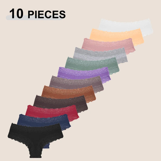 10PCS Set Women's Lace Cotton Low-Waist Brazilian Panties Soft Sexy Underwear Intimates
