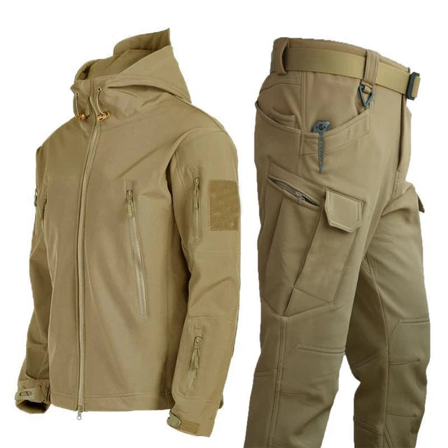 Men’s Fleece Waterproof Tactical Jacket Set – Warm Elastic Hooded Outdoor Hiking & Fishing Tracksuit S-5XL