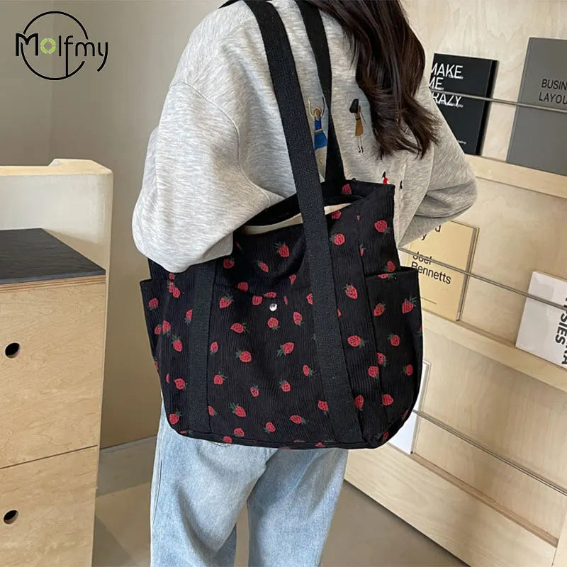 Women’s Strawberry Corduroy Handbag • Cute Fashion Shoulder Tote • Versatile Casual & Commuter Bag