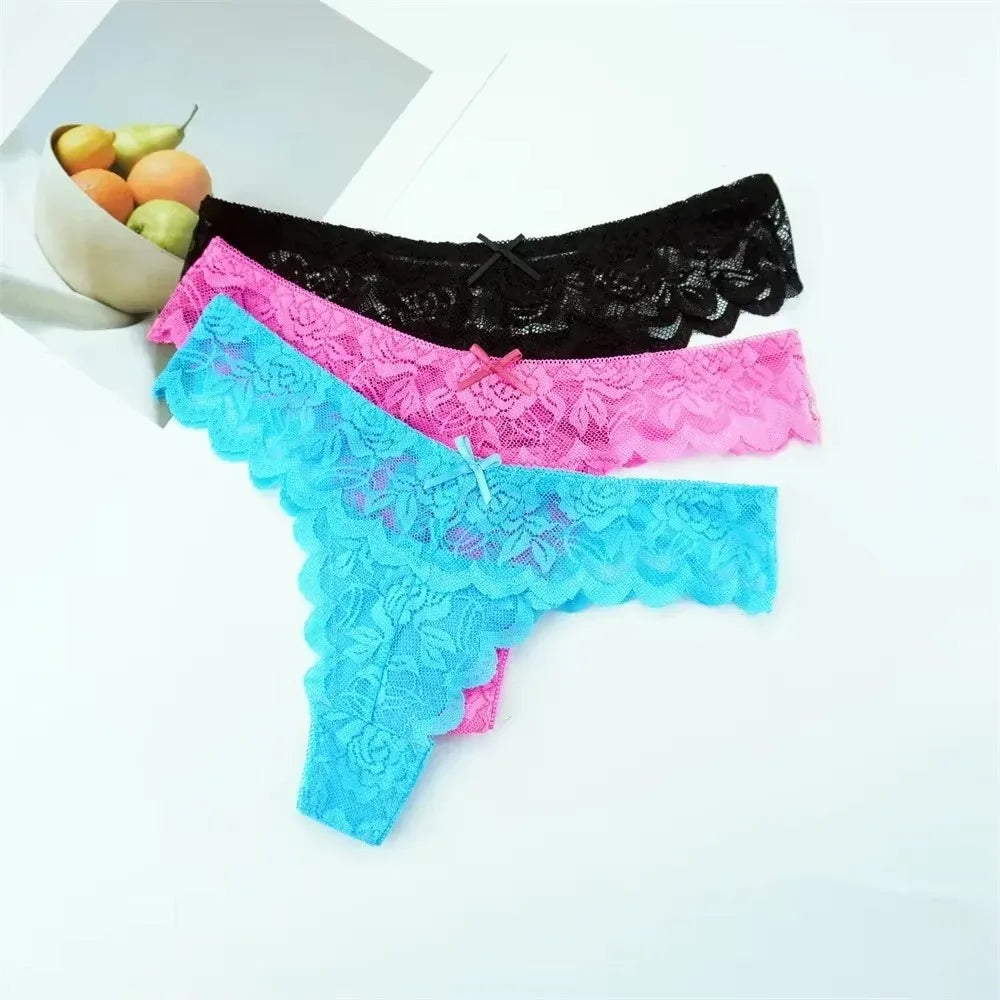 3PCS Ladies Sexy Low Waist Lace Thongs – Transparent G-String Panties, Soft Comfortable Underwear