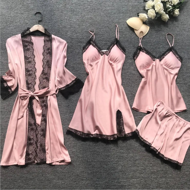 Women's 4-Piece Sleepwear Set | Comfortable Tank Top & Robe | European Style Homewear with Chest Pad