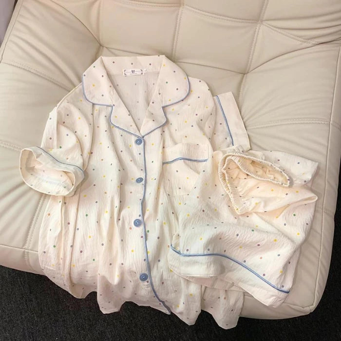 Polka Dot Women's Pajama Set | Cotton Sleepwear Top & Shorts | Casual Comfortable 2-Piece Home Outfit