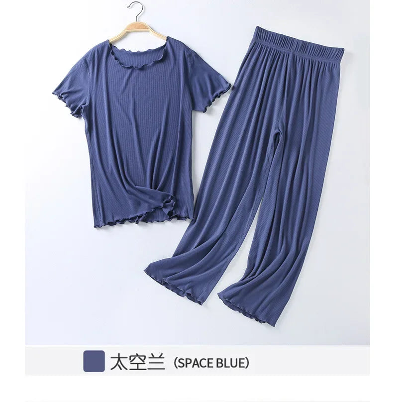 Japanese Summer Cotton Modal Pajama Set for Women | Short Sleeve Nine Point Pants | Large Size Home Sleepwear Suit