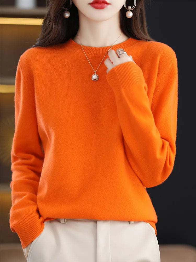 Fashion 100% Merino Wool Cashmere O-Neck Sweater Women Long Sleeve Knitwear