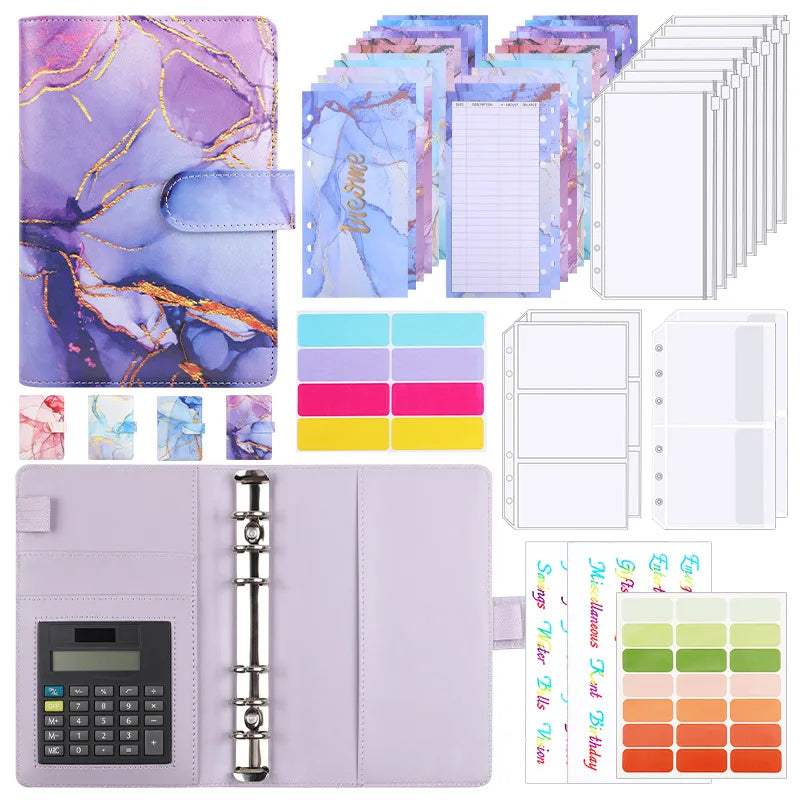 A6 Marble with Calculator Money Budget Planner Binder Zipper Envelopes Cash Envelopes for Budgeting Money Organizer Binder