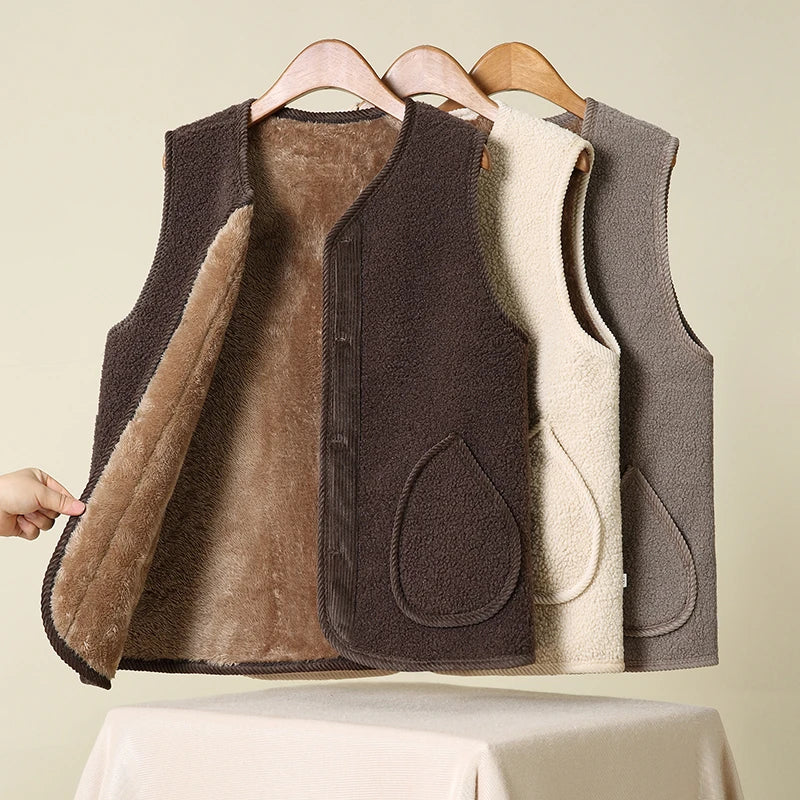 Winter Warm Fleece Vest for Mom Thickened Lamb Wool Waistcoat Plus Size Sleeveless Outerwear
