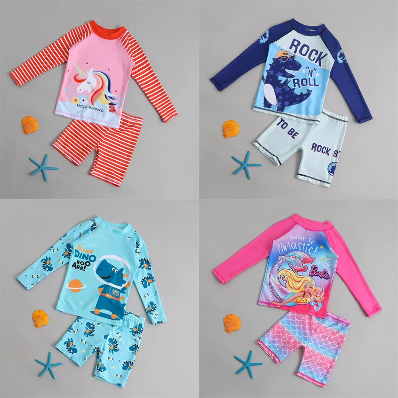 Kids Cartoon Long Sleeve Swimsuit Set Sun Protection Boys Girls Beachwear