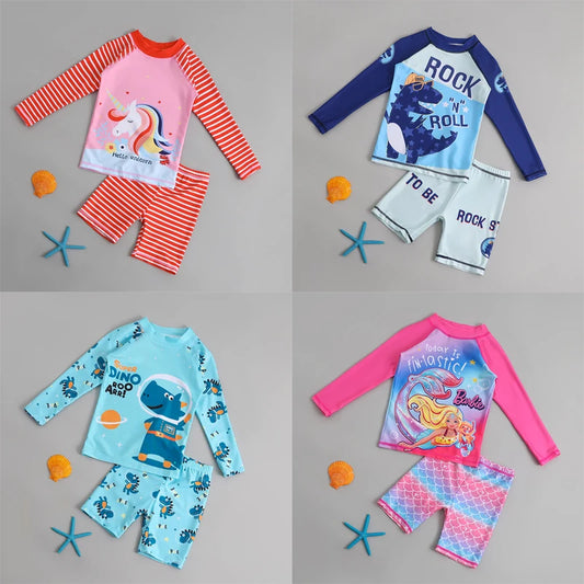 Kids Cartoon Long Sleeve Swimsuit Set Sun Protection Boys Girls Beachwear