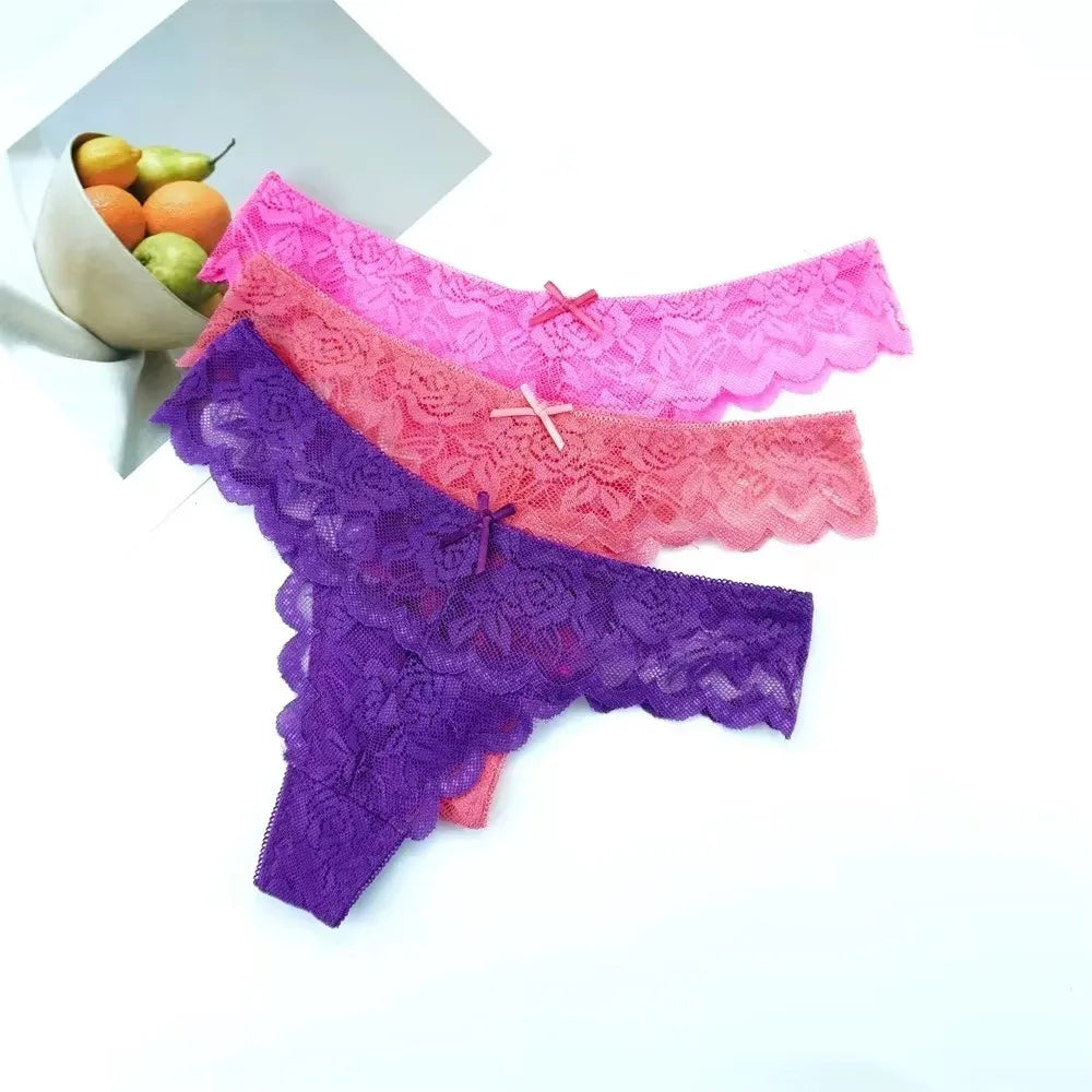 3PCS Ladies Sexy Low Waist Lace Thongs – Transparent G-String Panties, Soft Comfortable Underwear