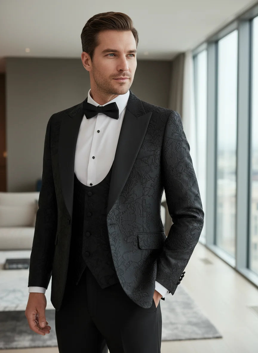 ST Cassy Men's Slim Fit Black Tuxedo – Retro Carving 3-Piece Groom, Wedding & Prom Suit