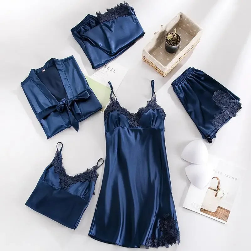 5PCS Women's Satin Sleepwear Set | Lace V-Neck Pajamas | Comfortable Spring Homewear PJS