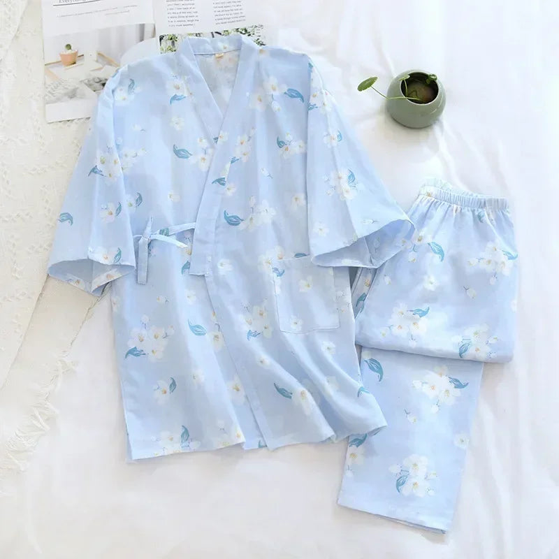 2025 Japanese Style Women's Kimono Pajama Set | 100% Cotton Gauze Seven Sleeve Two-Piece | Cute Spring & Autumn Homewear