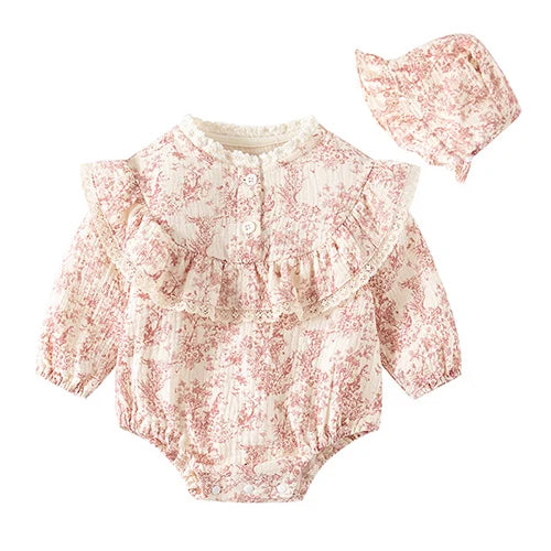 Baby Girl Romper Set Long Sleeve Cotton Korean Style Outfit with Hat 0-24M