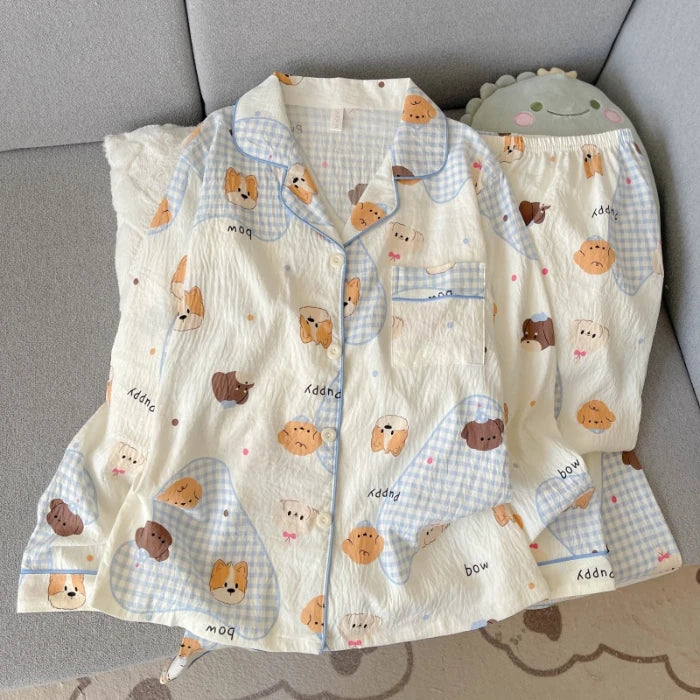 Autumn Women's Kawaii Pajama Set | Harajuku Style Line Star Dog Print 2-Piece Cute Loungewear
