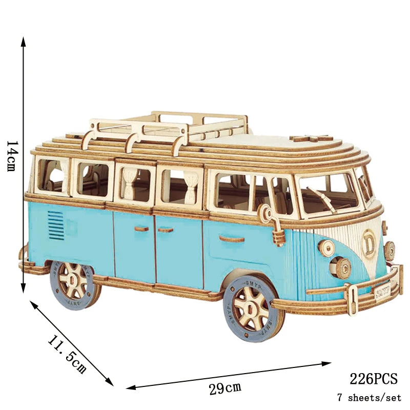 Retro Bus & European-Style Campervan 3D Wooden Puzzle – DIY Car, Airplane & Sailing Ship Model Toy for Kids