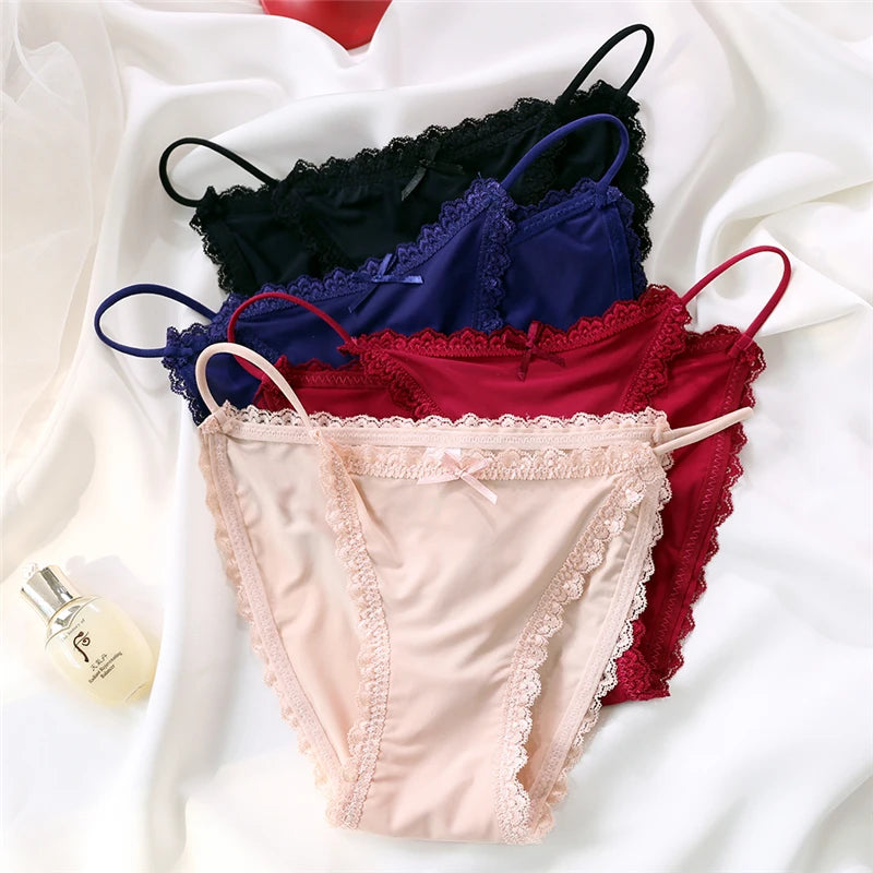 Ice Silk Women's Lace Low Waist Sexy Thong Panties Solid Color Bikini G-String Lingerie