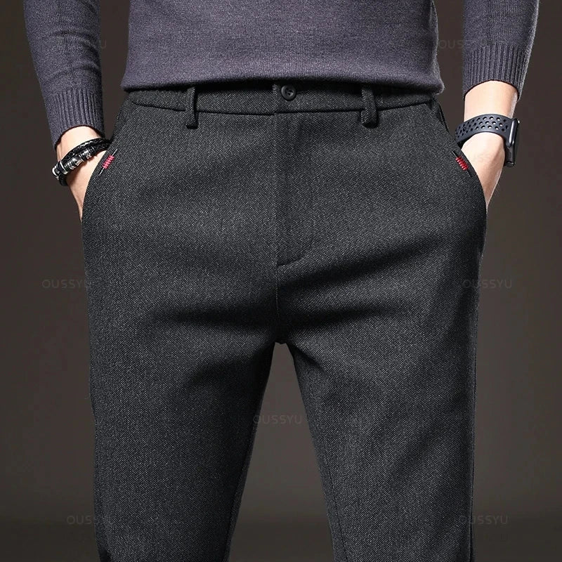 Men's Autumn Casual Pants – Slim Fit Elastic Waist Stretch Cotton Trousers Gray & Black