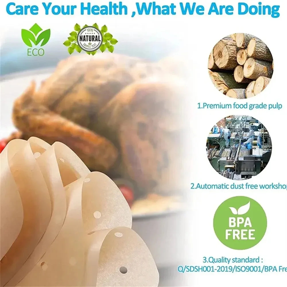 100 قطعة من بطانات ورقية لمقلاة الهواء للاستخدام مرة واحدة - سجادات غير لاصقة لامتصاص الزيت للخبز والطهي على البخار