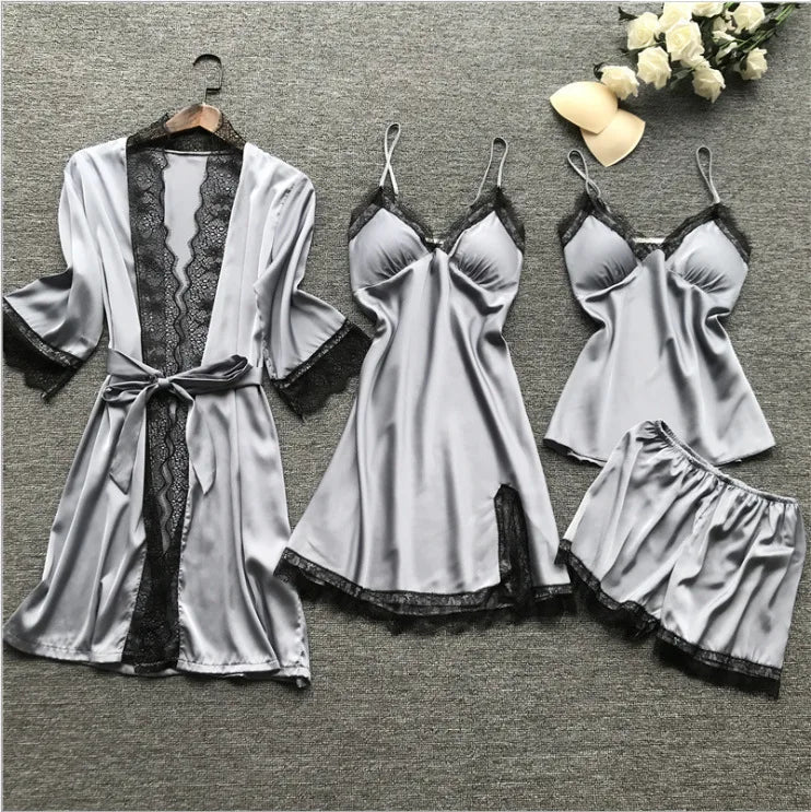 Women's 4-Piece Sleepwear Set | Comfortable Tank Top & Robe | European Style Homewear with Chest Pad