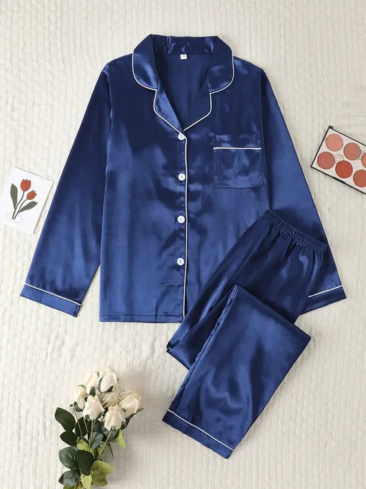 Autumn Winter Women's Silk Pajama Set | Soft Breathable Long Shirt Top & Pants Sleepwear