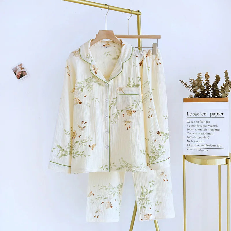 Large Size Women's Cotton Crepe Pajama Set | Long Sleeve Top & Trousers | Simple Comfortable Homewear for Summer & Autumn