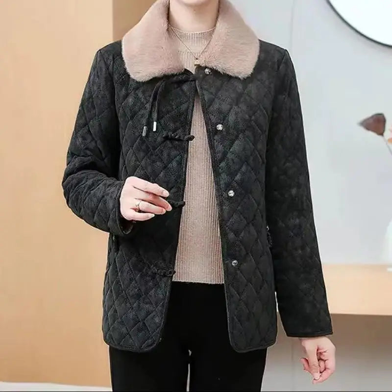 Winter Cotton Coat Women Lapel Warm Parka Quilted Plaid Cotton-Padded Overcoat