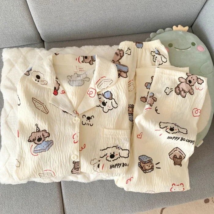 2025 Women's Moon Bear Pajama Set | Korean Style Soft 2-Piece Long Sleepwear with Lapel Neck