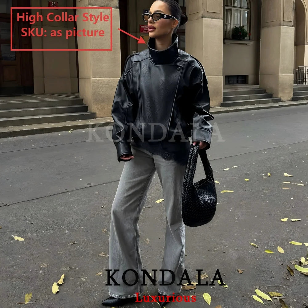 KONDALA Casual Chic Black Faux Leather Jacket Women Long Sleeve Button Oversized Coat 2025 Fall Streetwear