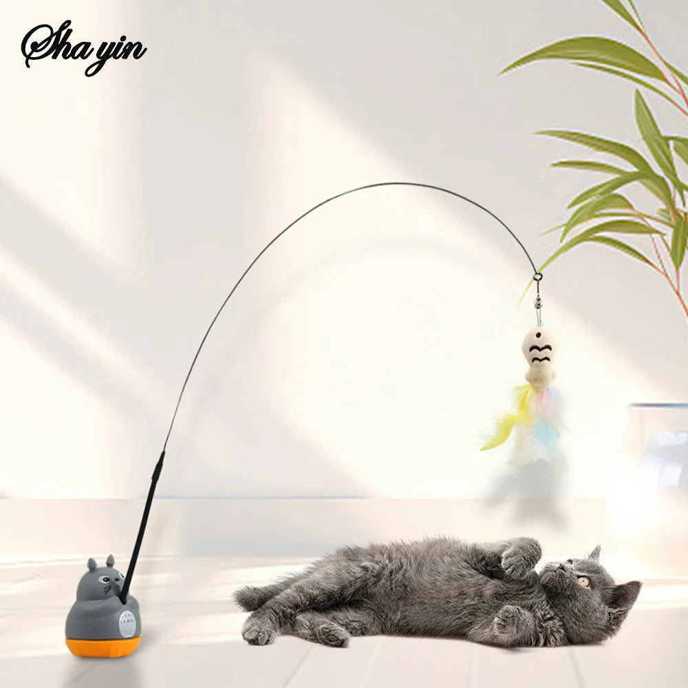 Cat Teasing Stick with Feather & Bells – 360° Rotating Steel Wire Interactive Toy for Cats
