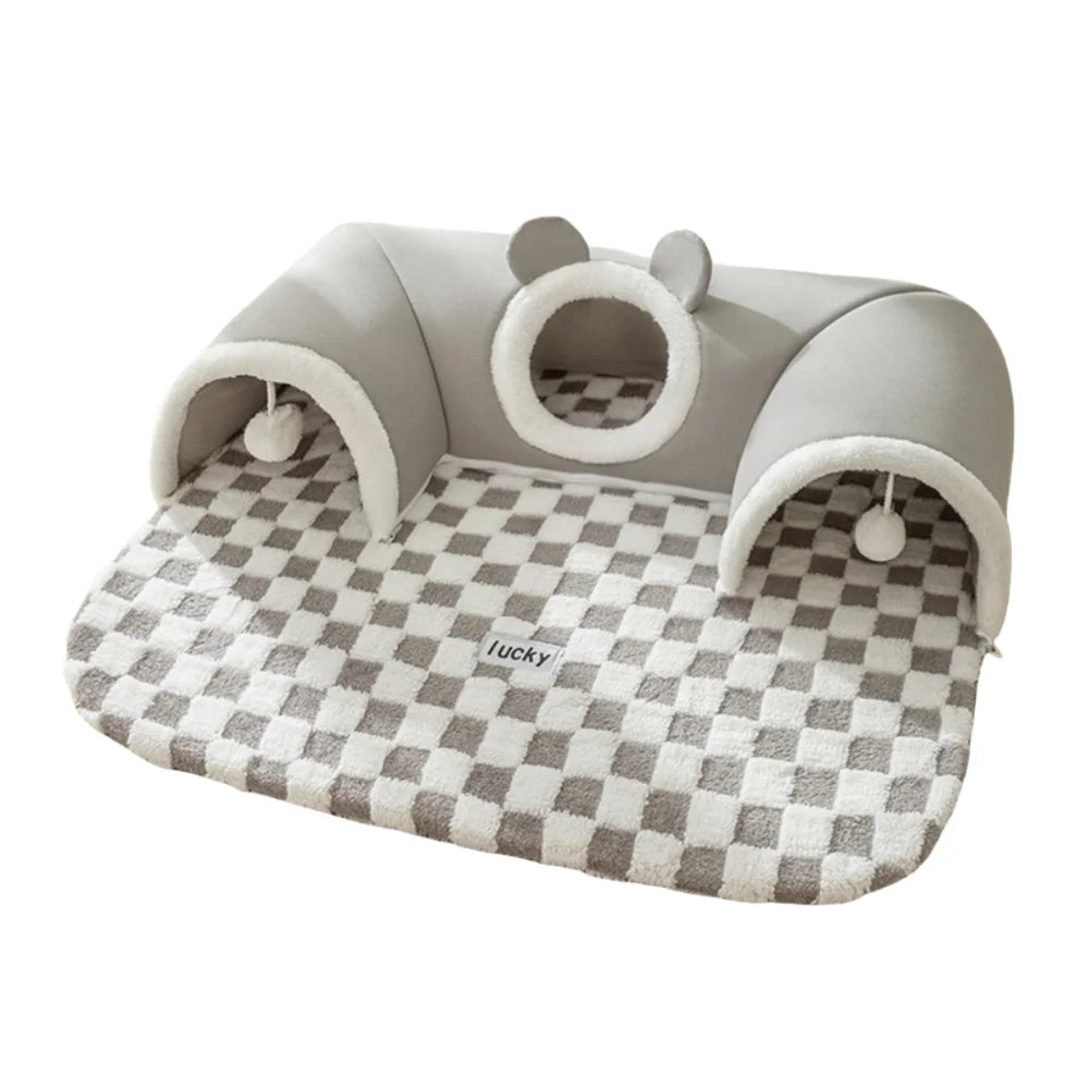 Plush Cat Tunnel Bed – Warm Tube-Shaped Pet Hideaway with Peekaboo Toy for Cats