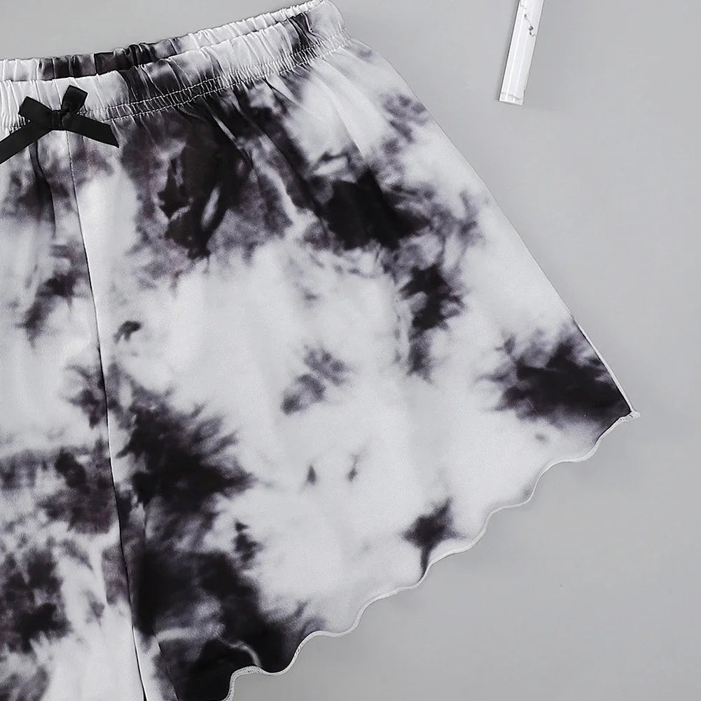 Women’s Sleepwear Pajama Set – Sexy Lingerie Tie-Dyed Print Sleeveless O-Neck Top & Shorts Nightwear