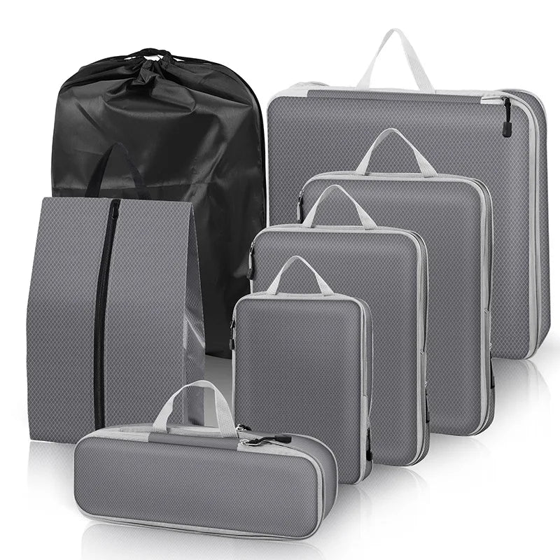 3-7 PCS Compressed Packing Cubes Set | Lightweight Portable Travel Luggage Organizer with Shoe Bag & Mesh Storage