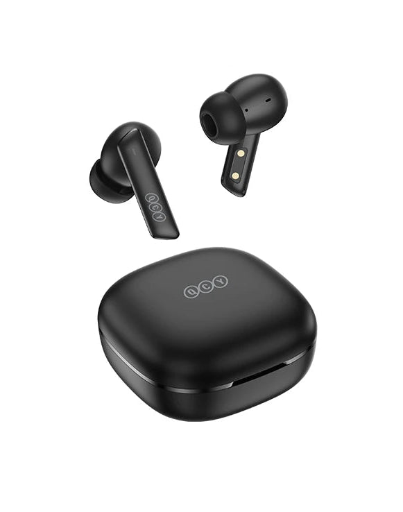 Black wireless earbuds with charging case on a pink background with promotional text.