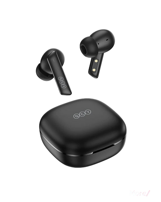 Black wireless earbuds with charging case on a pink background with promotional text.