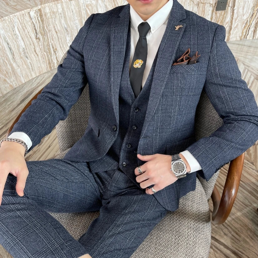 Men's British Korean Style 3-Piece Plaid Suit – Stylish Business Casual Outfit
