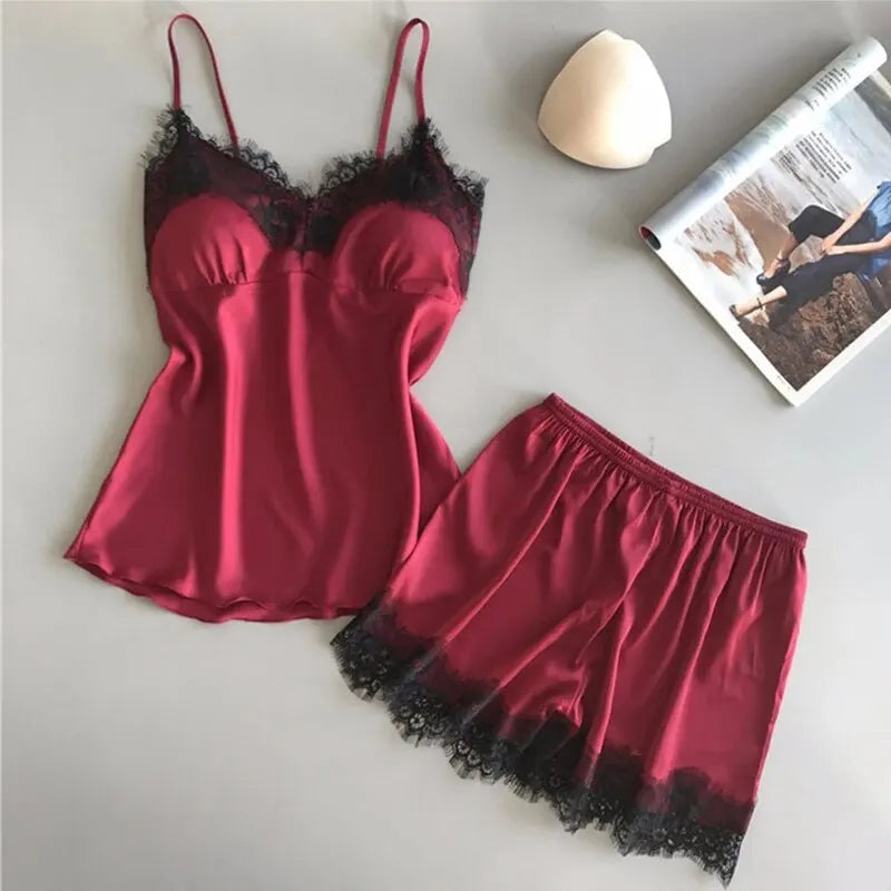 Women’s Pajama Suit – Fashion V-Neck Stretch Satin Babydoll, Lace Sexy Lingerie Bowknot Sleep Shorts Set