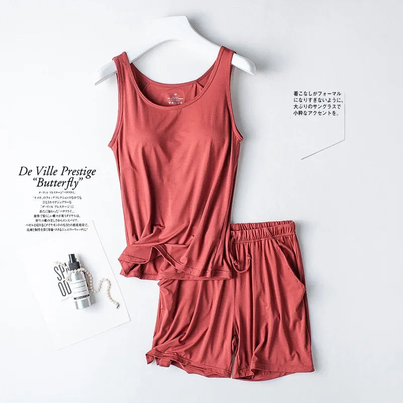 Summer Women's Modal Pajama Set | Two Piece Camisole with Chest Pad & Shorts | Seamless Lingerie Homewear Sleepwear