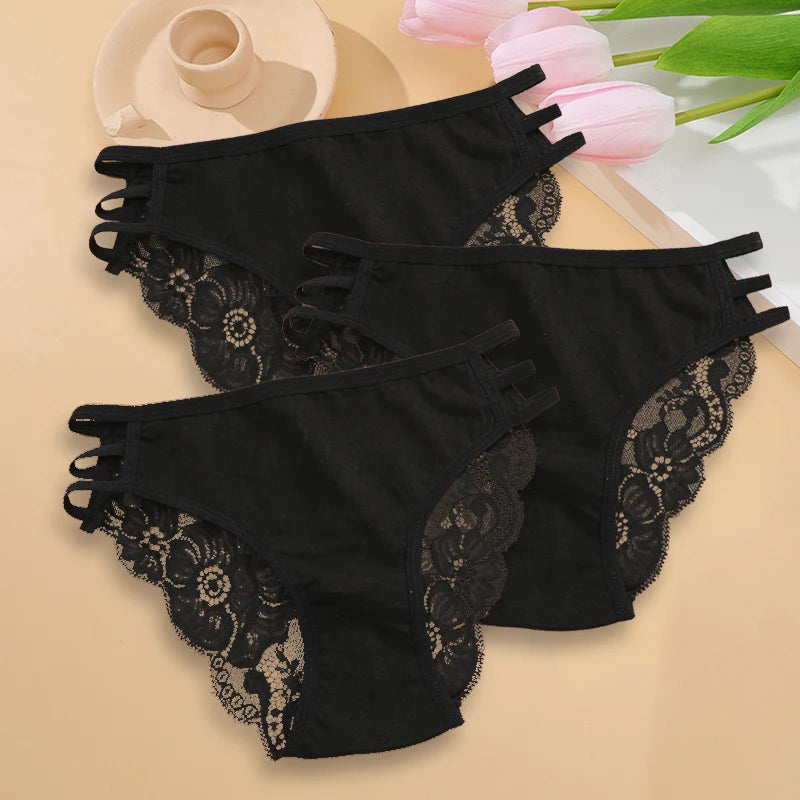 3PC Set Women's Sexy Lace Low Rise Hollow Out Floral Panties Transparent Soft Elastic Lingerie