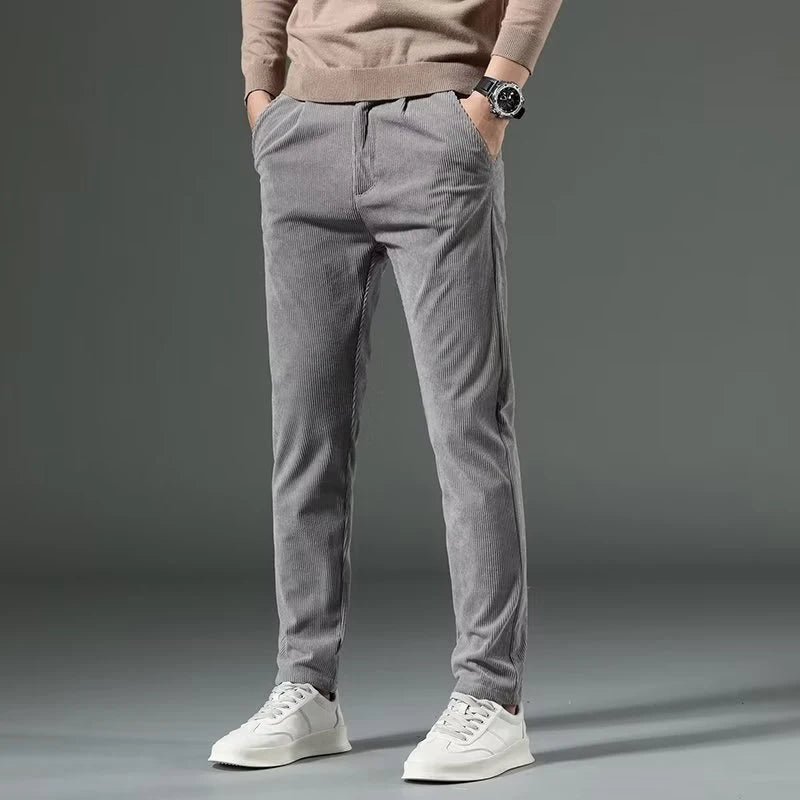 Men's High-Quality Corduroy Thermal Pants – Khaki Narrow Leg Casual Autumn Winter Trousers