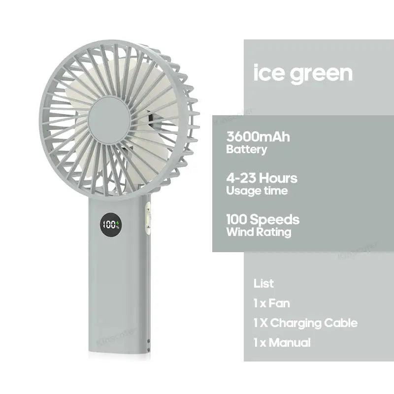 Handheld Personal Fan – Portable USB Mini Fan with 3600mAh Rechargeable Battery, Stepless Speed Control, Display & Nightlight